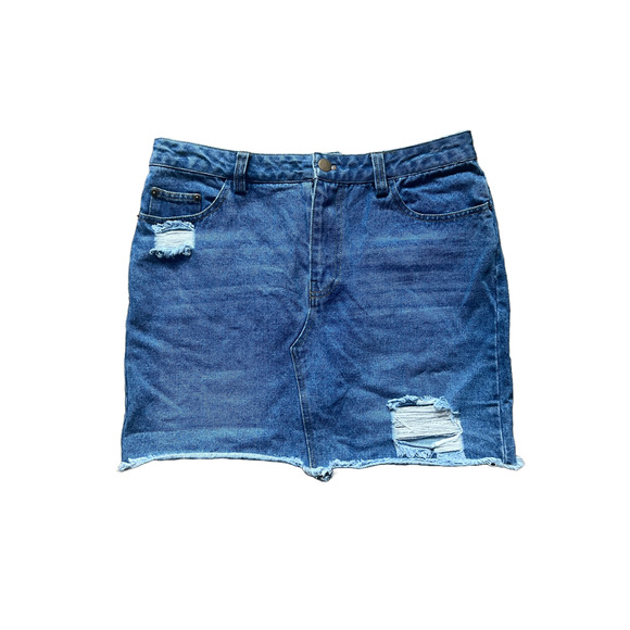 Womens Denim Mini Skirt Size M Distressed Raw Hem Festival Beach Summer Basic - Picture 1 of 7